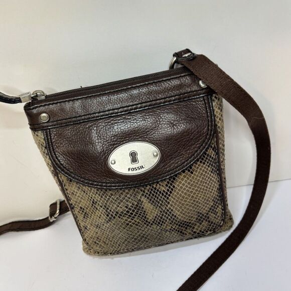 Fossil Snake Print Embossed Brown Leather Crossbody Bag Purse Adjustable Stylish - Picture 4 of 10